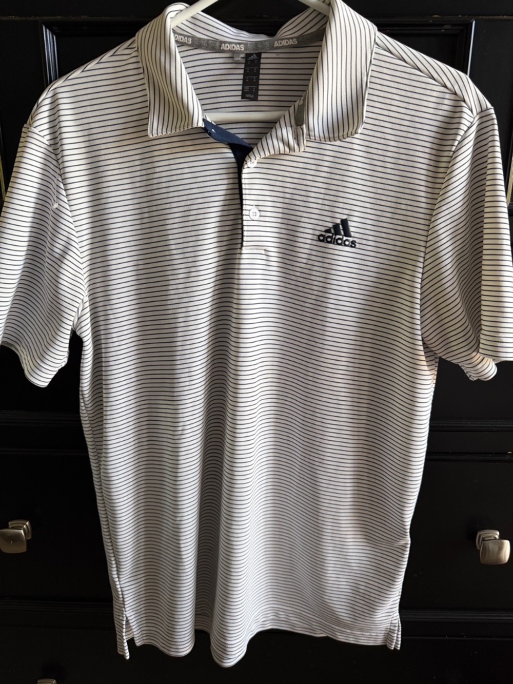 adidas White Polo with Navy Pinstripes Size Medium